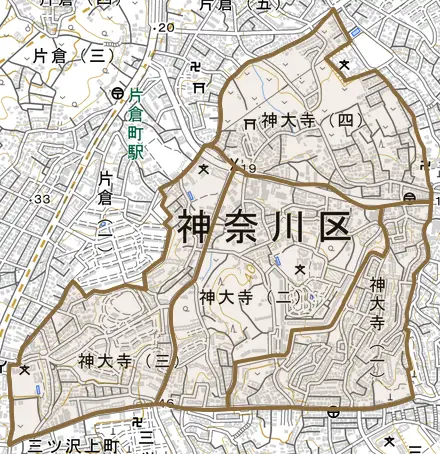 神大寺とその周辺の地図。町の範囲を重ねている