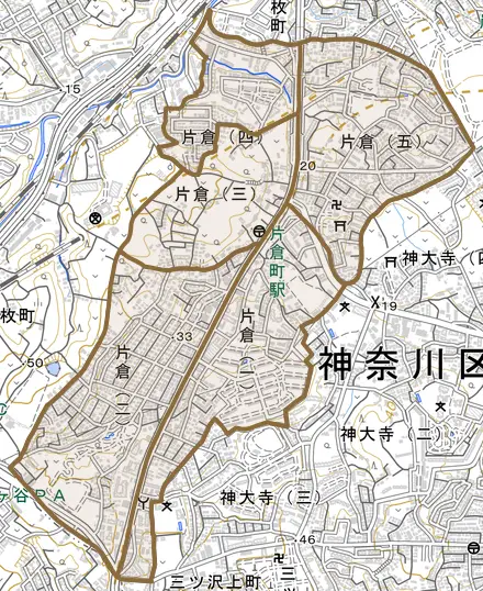 片倉とその周辺の地図。町の範囲を重ねている