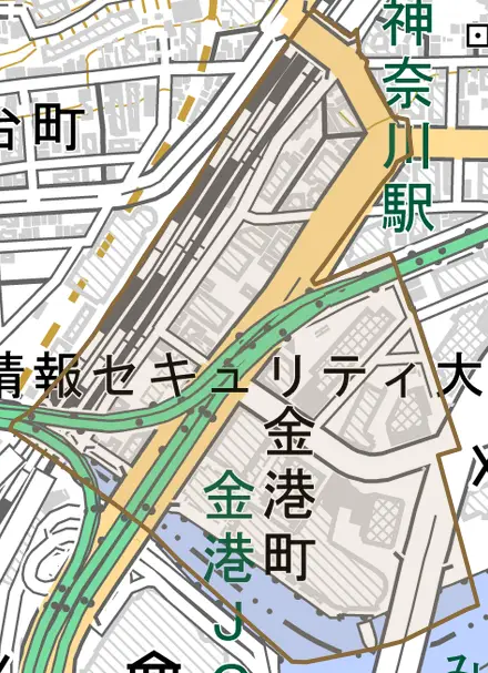 金港町とその周辺の地図。町の範囲を重ねている