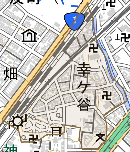 幸ケ谷とその周辺の地図。町の範囲を重ねている