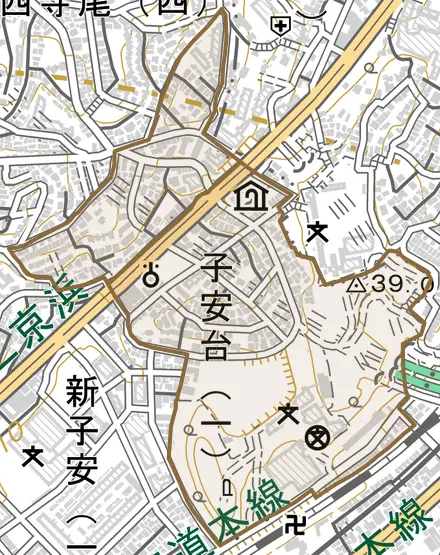 子安台とその周辺の地図。町の範囲を重ねている