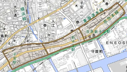 子安通とその周辺の地図。町の範囲を重ねている