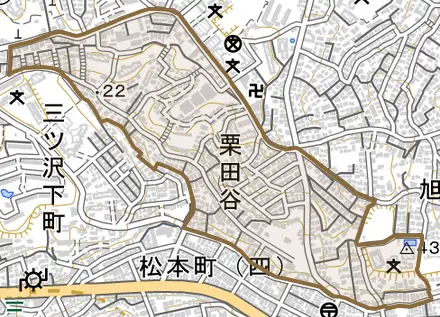 栗田谷とその周辺の地図。町の範囲を重ねている