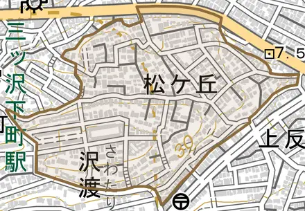松ケ丘とその周辺の地図。町の範囲を重ねている