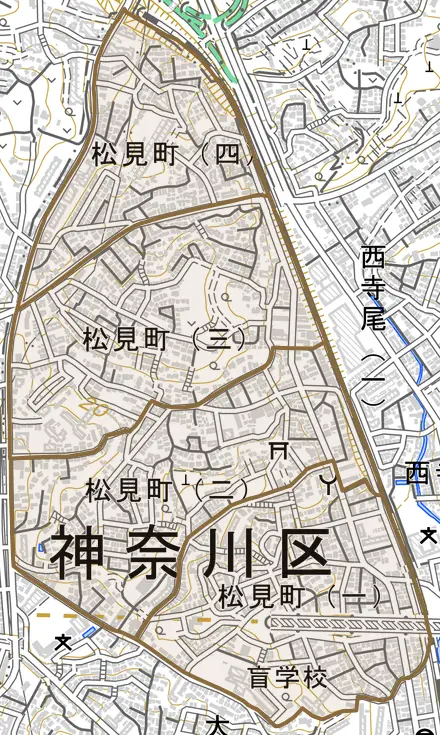 松見町とその周辺の地図。町の範囲を重ねている