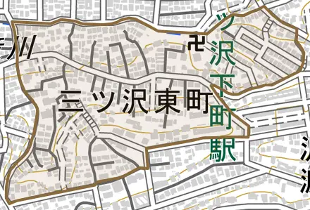 三ツ沢東町とその周辺の地図。町の範囲を重ねている