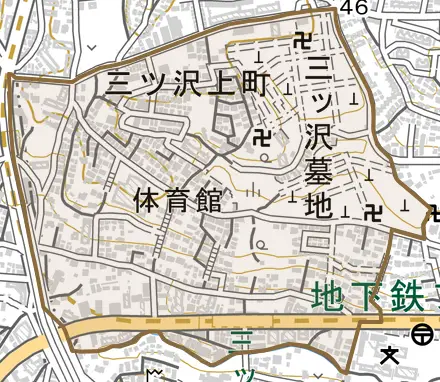 三ツ沢上町とその周辺の地図。町の範囲を重ねている