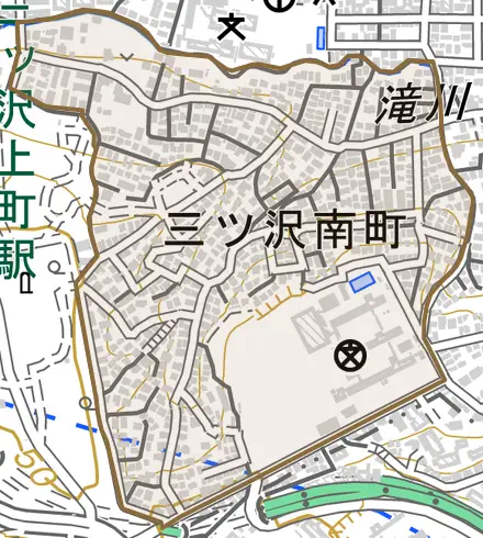 三ツ沢南町とその周辺の地図。町の範囲を重ねている