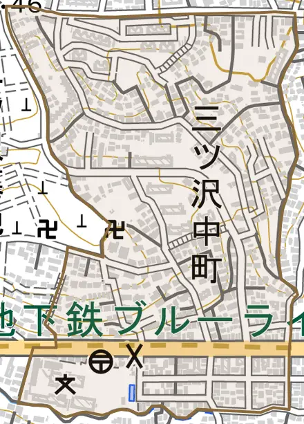 三ツ沢中町とその周辺の地図。町の範囲を重ねている