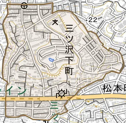 三ツ沢下町とその周辺の地図。町の範囲を重ねている