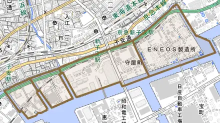 守屋町とその周辺の地図。町の範囲を重ねている