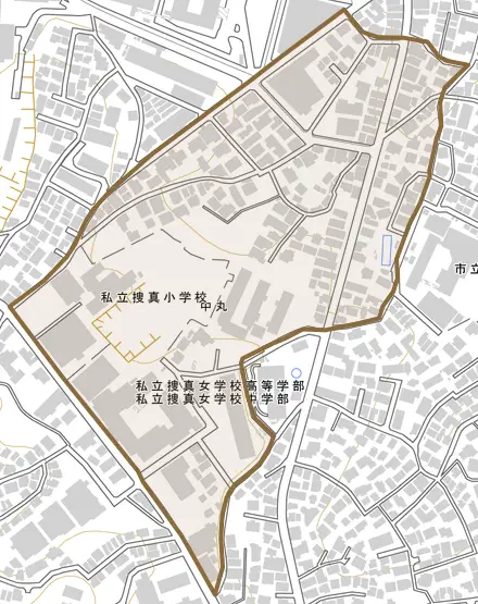 中丸とその周辺の地図。町の範囲を重ねている