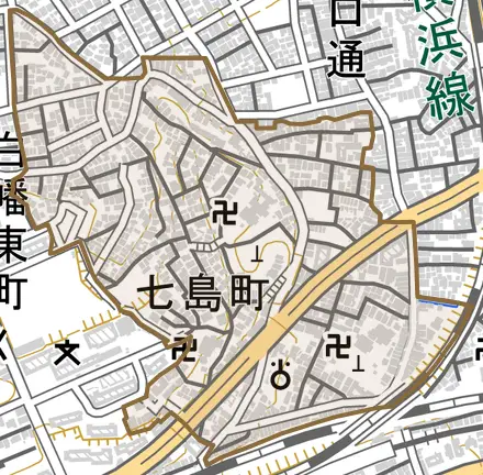 七島町とその周辺の地図。町の範囲を重ねている