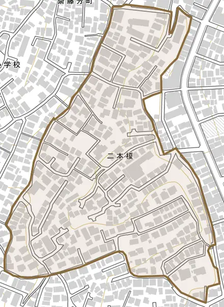 二本榎とその周辺の地図。町の範囲を重ねている