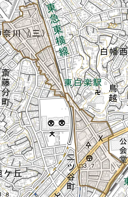 西神奈川とその周辺の地図。町の範囲を重ねている