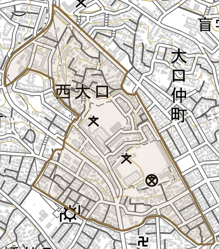西大口とその周辺の地図。町の範囲を重ねている