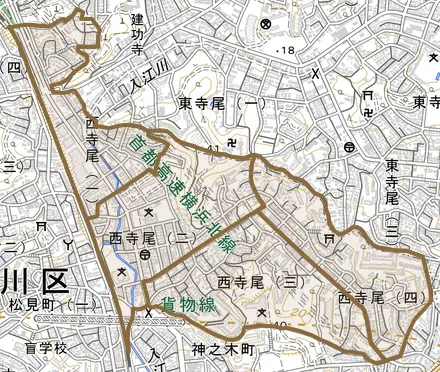 西寺尾とその周辺の地図。町の範囲を重ねている