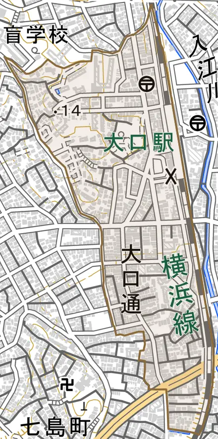 大口通とその周辺の地図。町の範囲を重ねている
