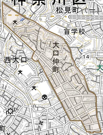 大口仲町とその周辺の地図。町の範囲を重ねている