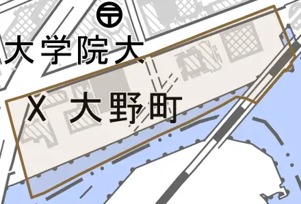 大野町とその周辺の地図。町の範囲を重ねている