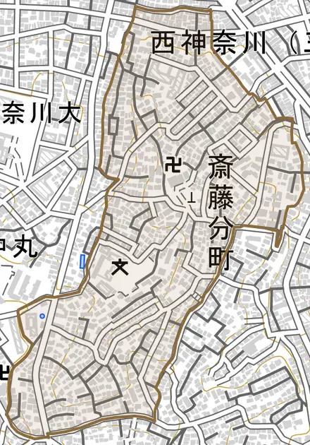 斎藤分町とその周辺の地図。町の範囲を重ねている