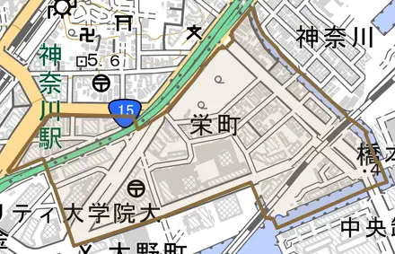 栄町とその周辺の地図。町の範囲を重ねている