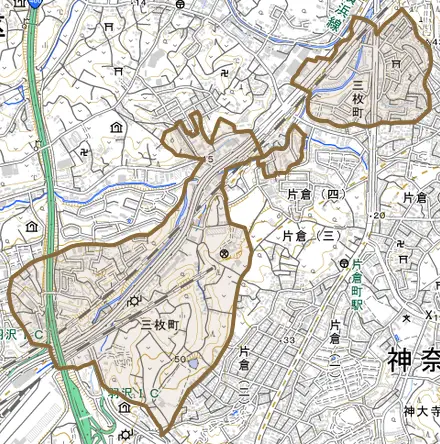 三枚町とその周辺の地図。町の範囲を重ねている