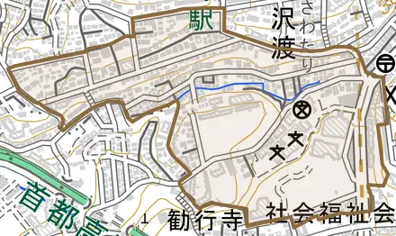 沢渡とその周辺の地図。町の範囲を重ねている
