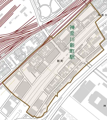 新町とその周辺の地図。町の範囲を重ねている