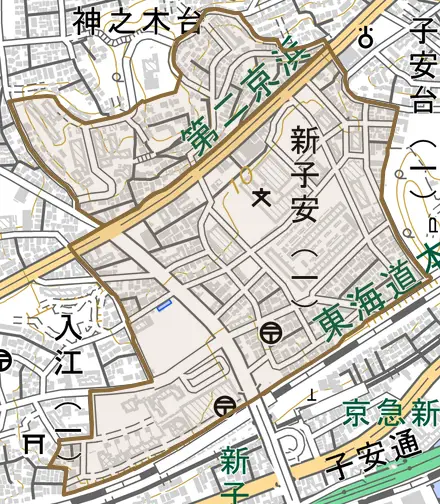 新子安とその周辺の地図。町の範囲を重ねている