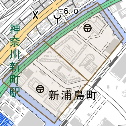 新浦島町とその周辺の地図。町の範囲を重ねている