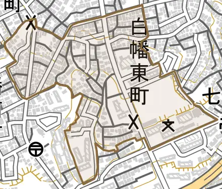 白幡東町とその周辺の地図。町の範囲を重ねている
