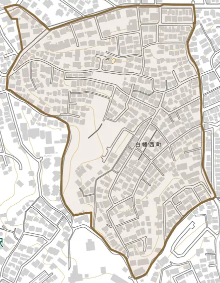 白幡西町とその周辺の地図。町の範囲を重ねている