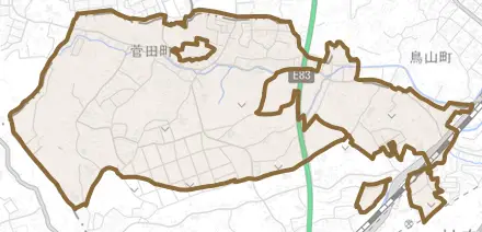 菅田町とその周辺の地図。町の範囲を重ねている