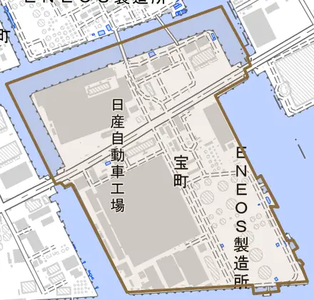 宝町とその周辺の地図。町の範囲を重ねている