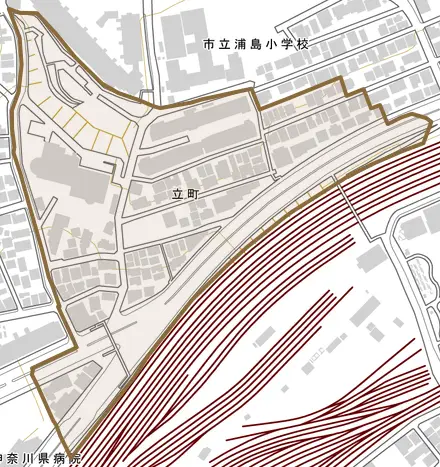 立町とその周辺の地図。町の範囲を重ねている