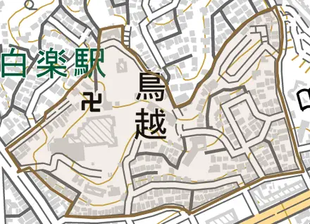 鳥越とその周辺の地図。町の範囲を重ねている
