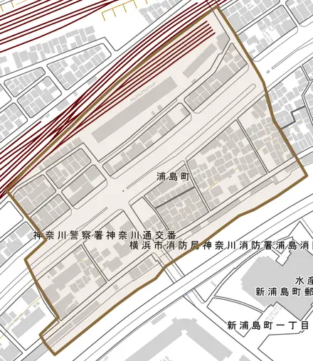 浦島町とその周辺の地図。町の範囲を重ねている