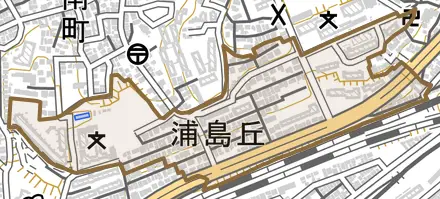浦島丘とその周辺の地図。町の範囲を重ねている