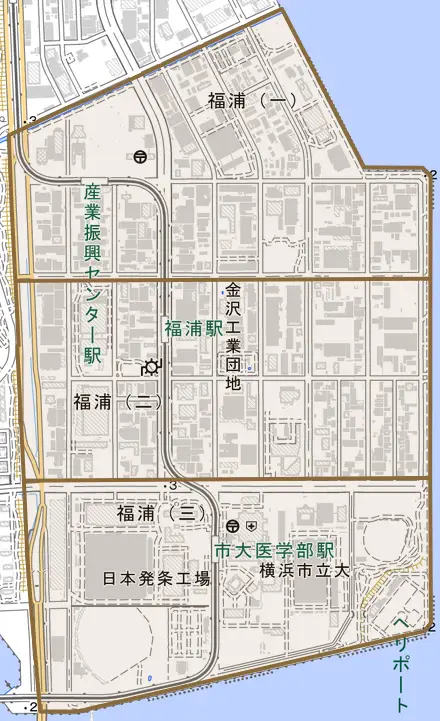 福浦とその周辺の地図。町の範囲を重ねている