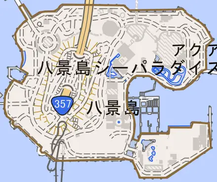 八景島とその周辺の地図。町の範囲を重ねている