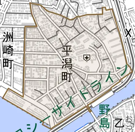 平潟町とその周辺の地図。町の範囲を重ねている