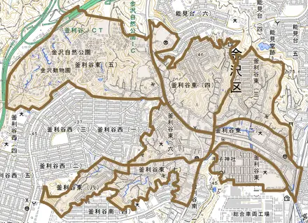 釜利谷東とその周辺の地図。町の範囲を重ねている