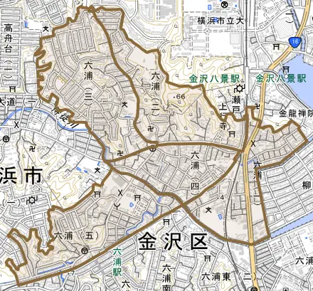 六浦とその周辺の地図。町の範囲を重ねている