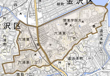 六浦東とその周辺の地図。町の範囲を重ねている