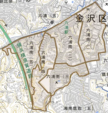 六浦南とその周辺の地図。町の範囲を重ねている