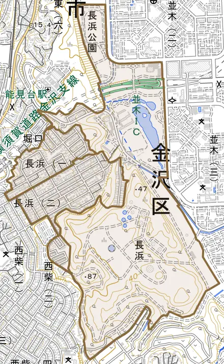 長浜とその周辺の地図。町の範囲を重ねている