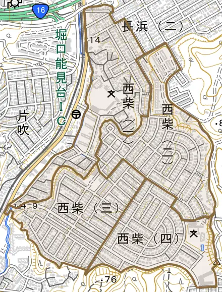 西柴とその周辺の地図。町の範囲を重ねている