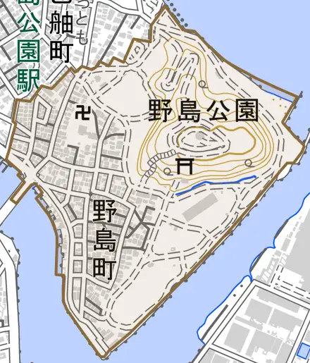 野島町とその周辺の地図。町の範囲を重ねている