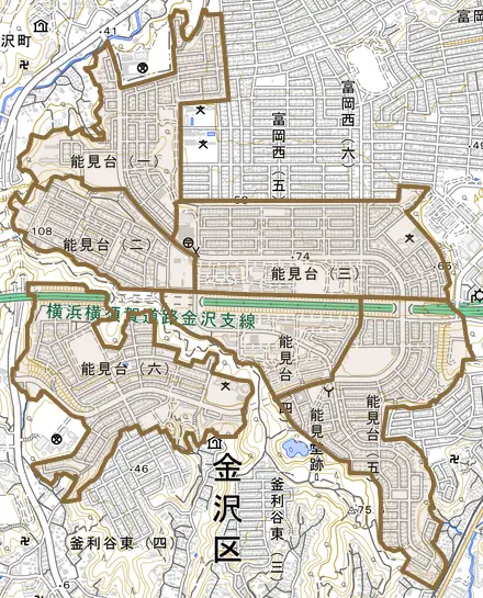 能見台とその周辺の地図。町の範囲を重ねている